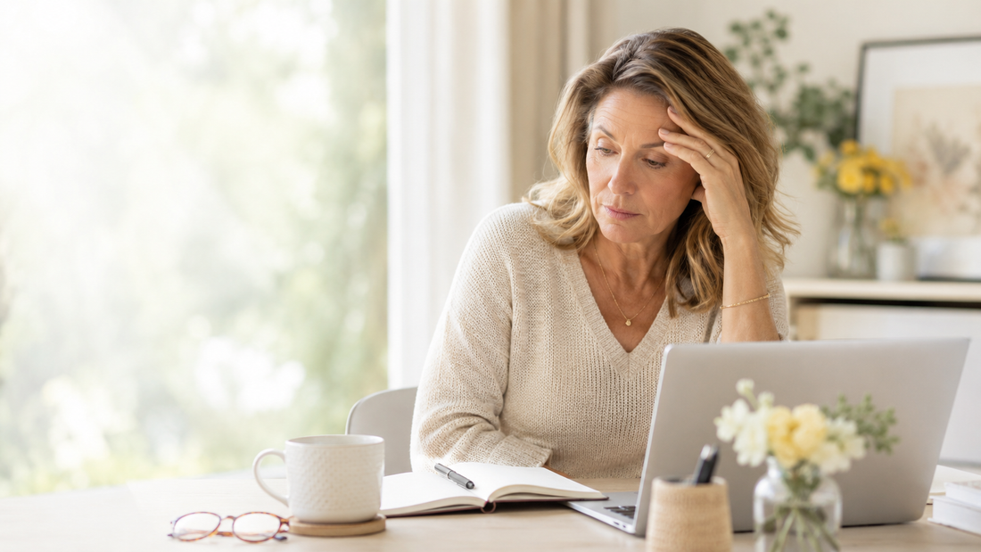 Woman at a bright desk looking thoughtful while working on a laptop, representing menopause brain fog.