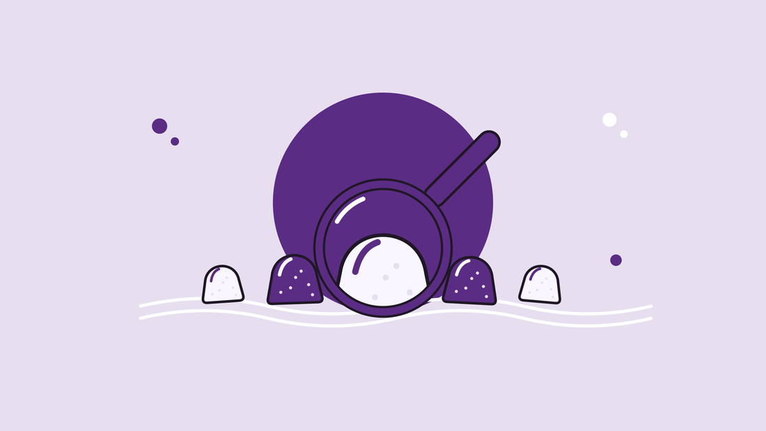 Flat illustration of a magnifying glass over a row of plum and lavender gummies on a lavender background.