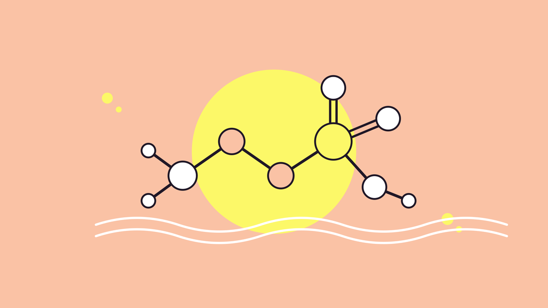 Flat illustration of a taurine molecule as a ball-and-stick model with soft white waves on a peach background.