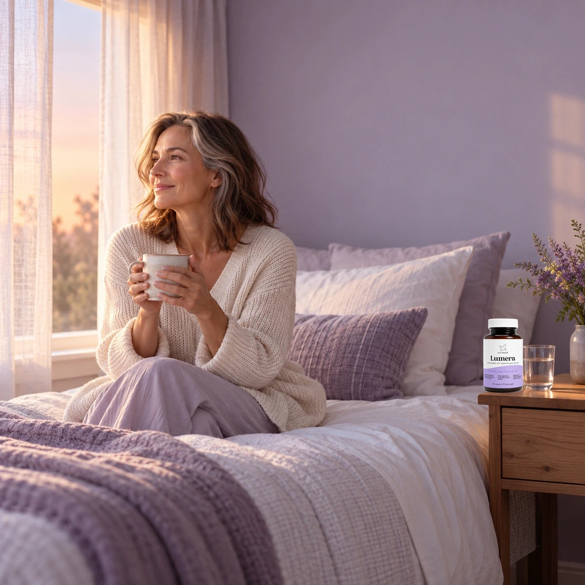 Woman sitting on her bed at sunrise holding a mug, with Lumera on the nightstand