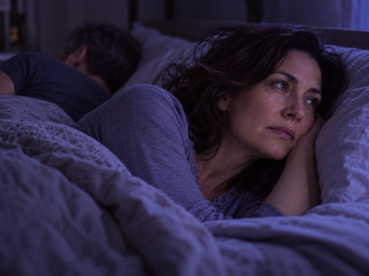 Woman lying awake in bed at night while her partner sleeps