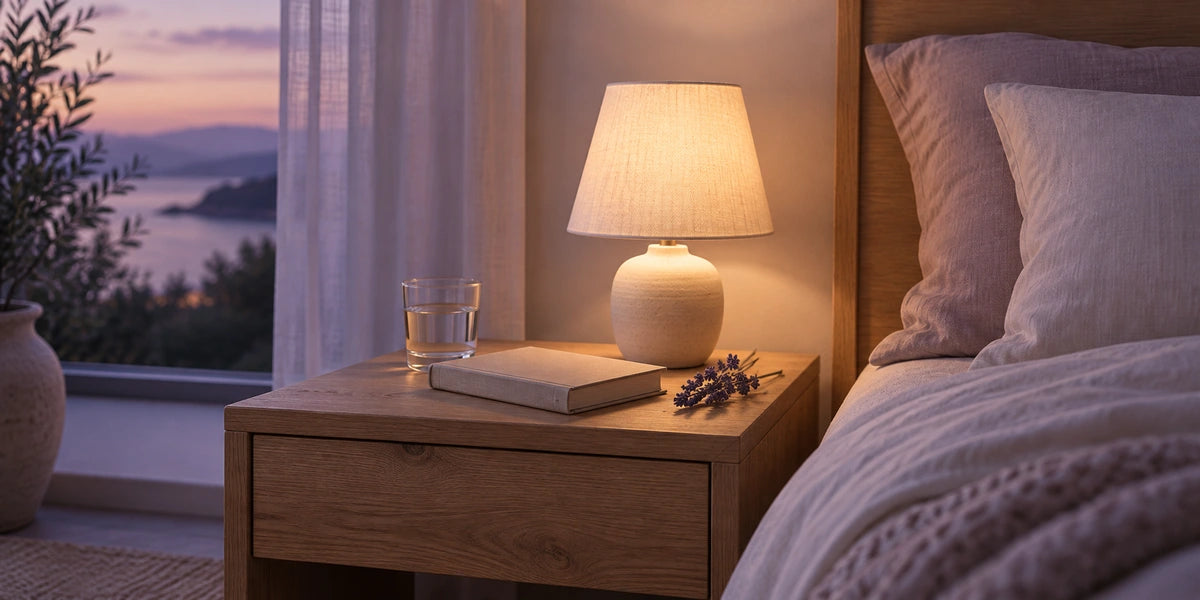 Bedside table at dusk with a lamp, water glass, book and lavender