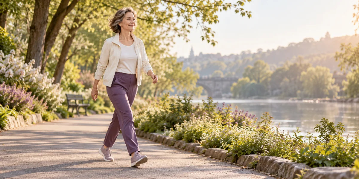 Woman in her fifties walking along a riverside path in morning sun