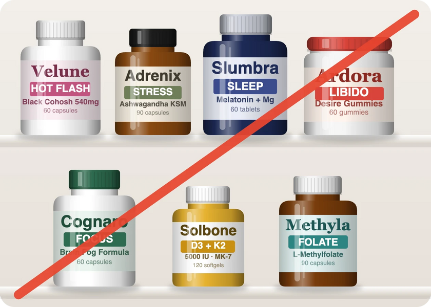 A cabinet of seven separate menopause supplements from different brands, crossed out
